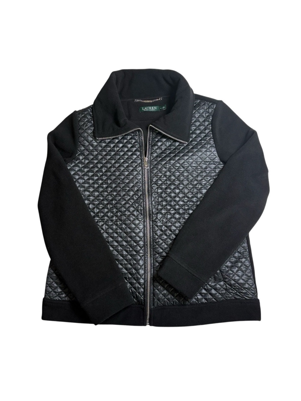 Lauren Ralph Lauren Diamond Quilted Front Black Fleece Jacket Full Zip Medium